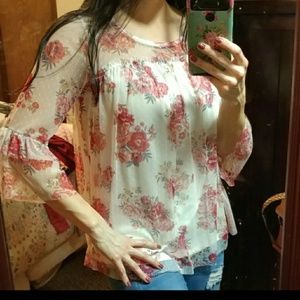 Floral sheer ruffled layered blouse